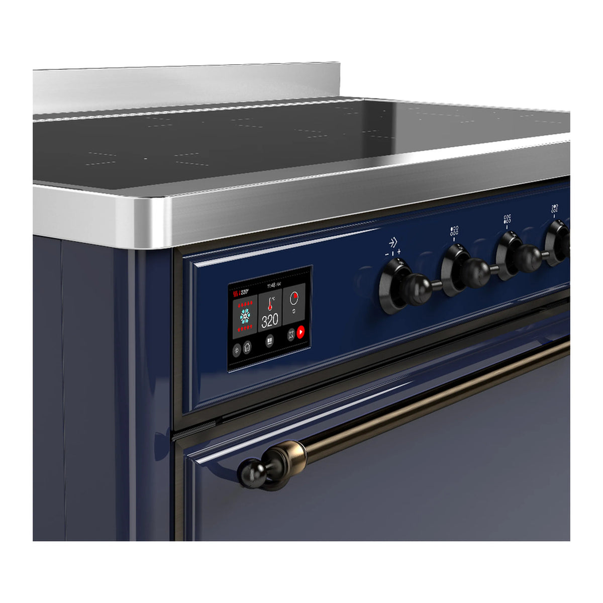 Induction range control panel with digital display and four black oven control knobs