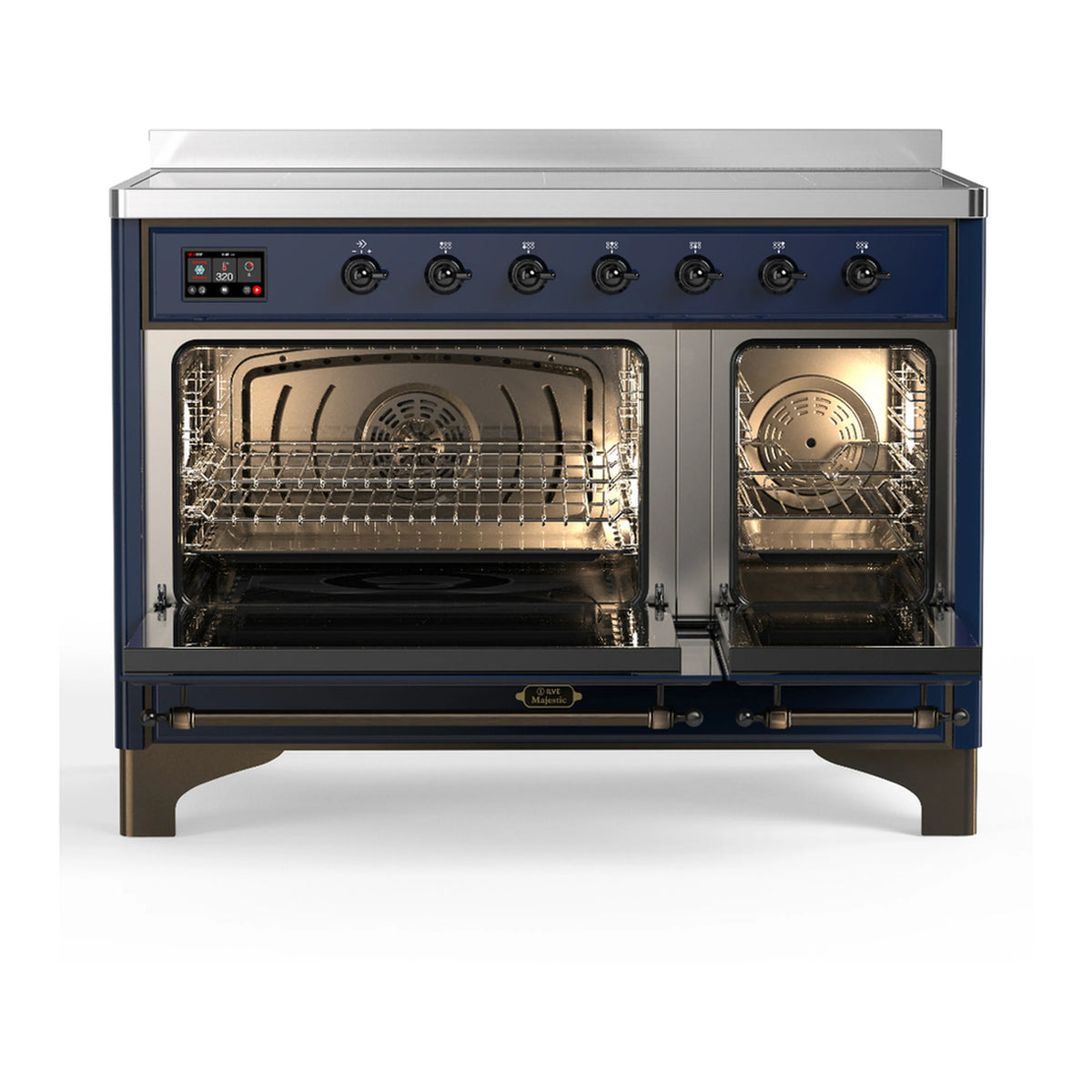 Dark blue induction range with oven door open showing wire racks inside