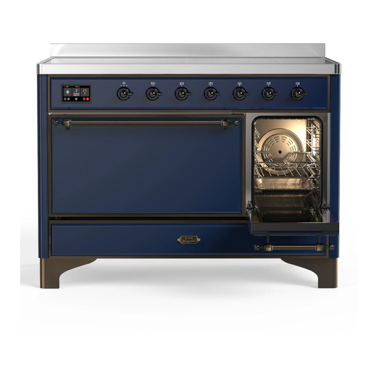 Dark blue induction range with one oven door open and interior light on