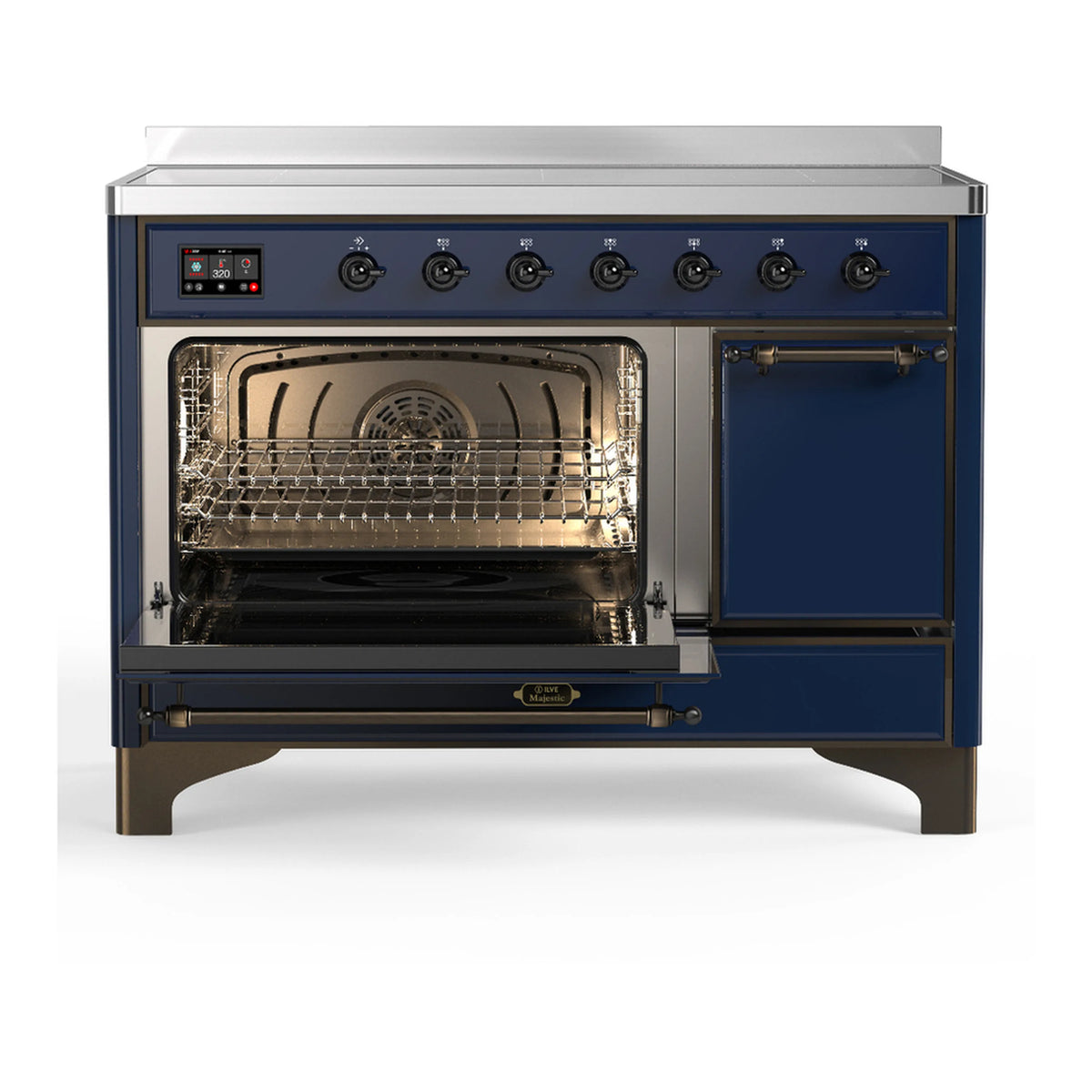 Dark blue induction range with both oven doors open and lit oven interior