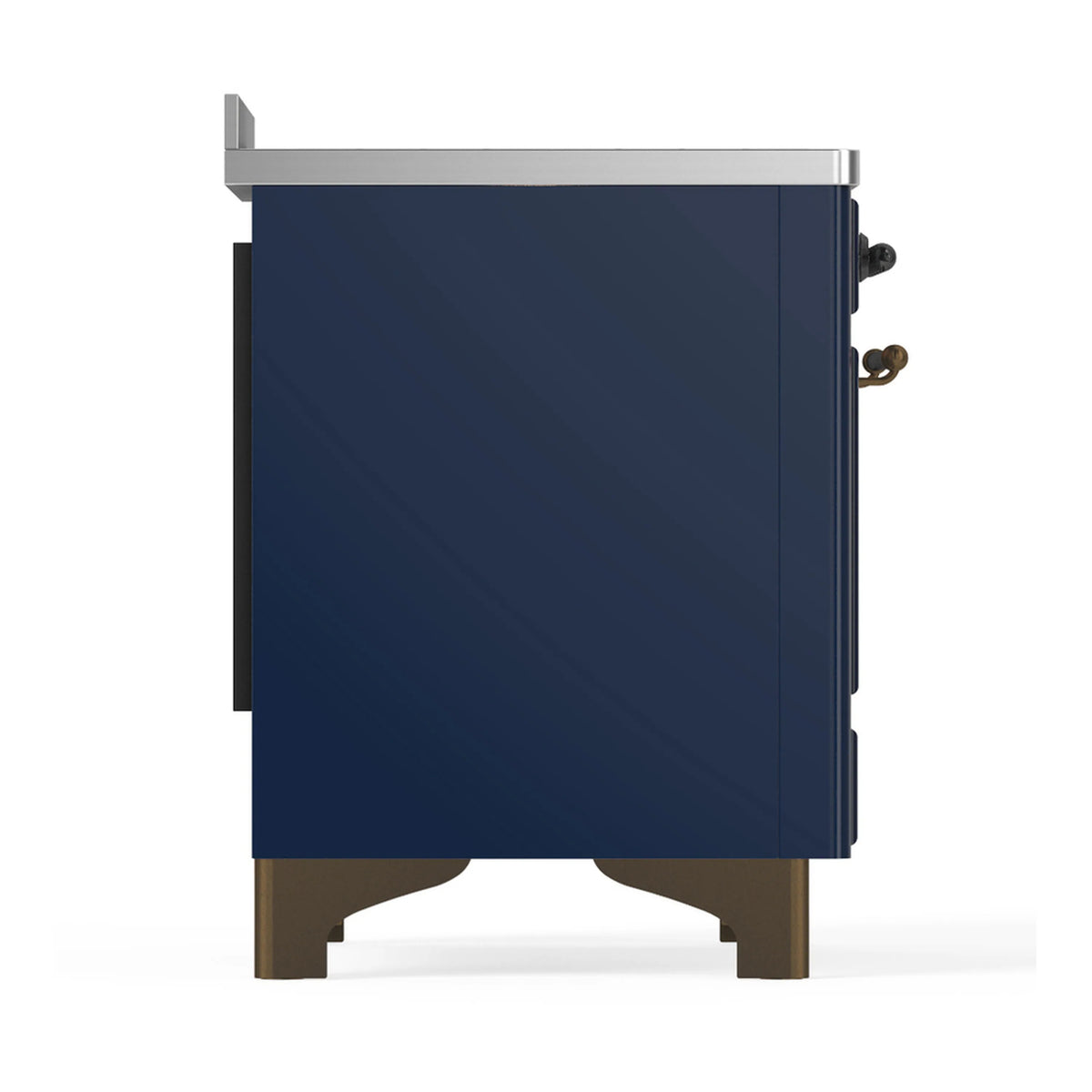 Side view of dark blue induction range with curved base and silver trim