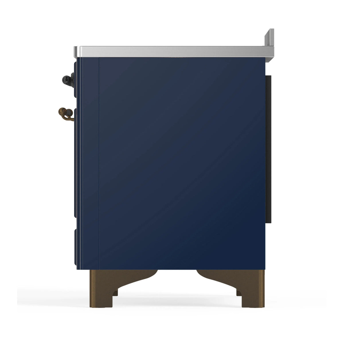 Rear side view of dark blue induction range with metal side handles