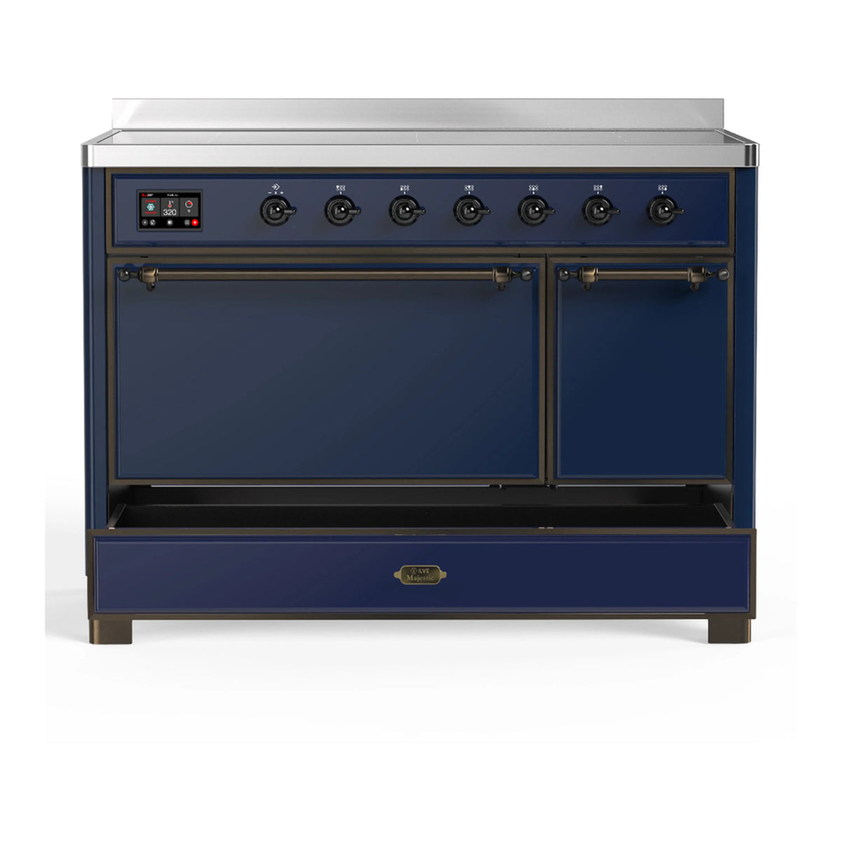 Dark blue induction range with oven doors closed and six cooktop knobs above