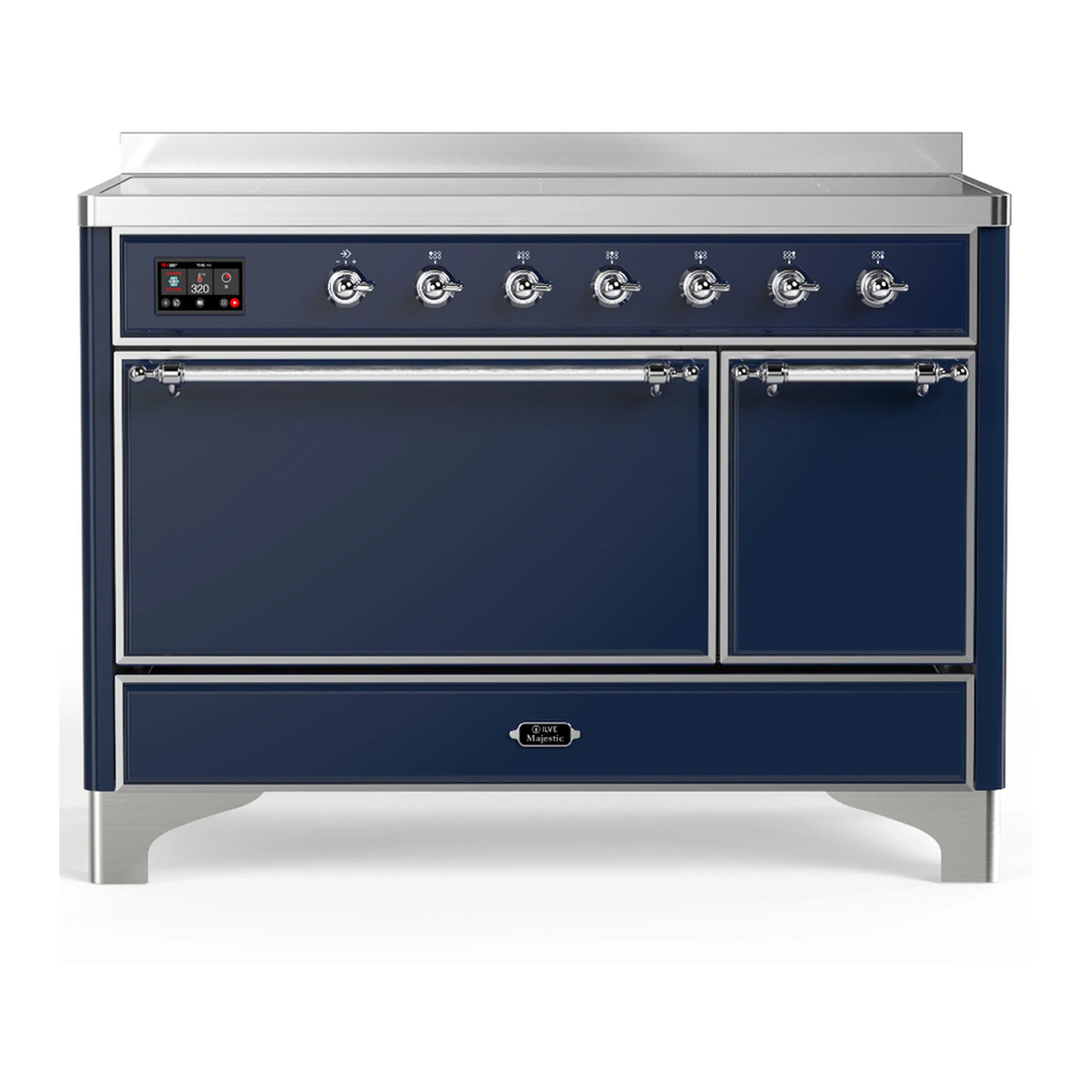 Induction range with two glass doors and chrome handles, midnight blue exterior.