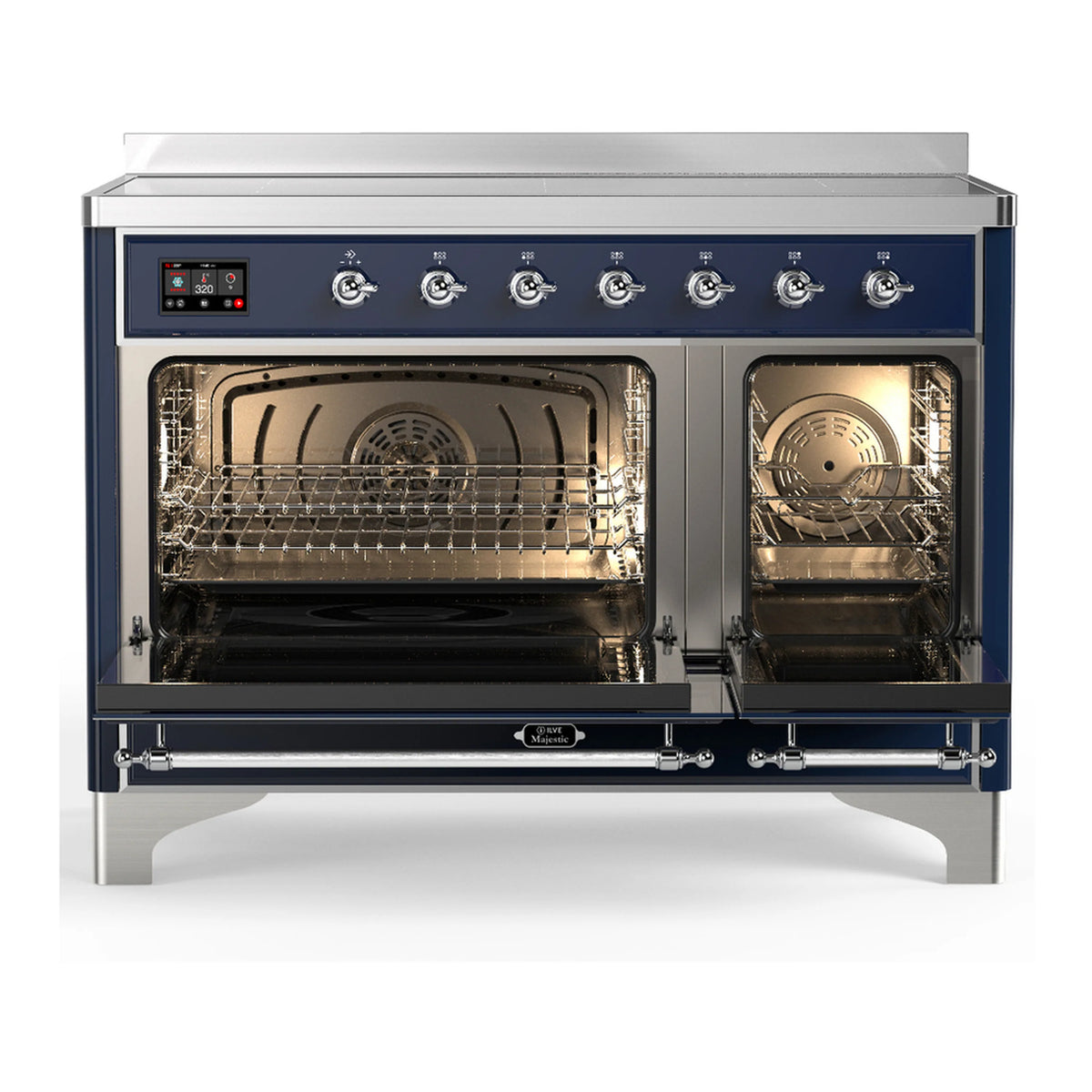 Induction range with oven doors open, showing racks inside, midnight blue front.