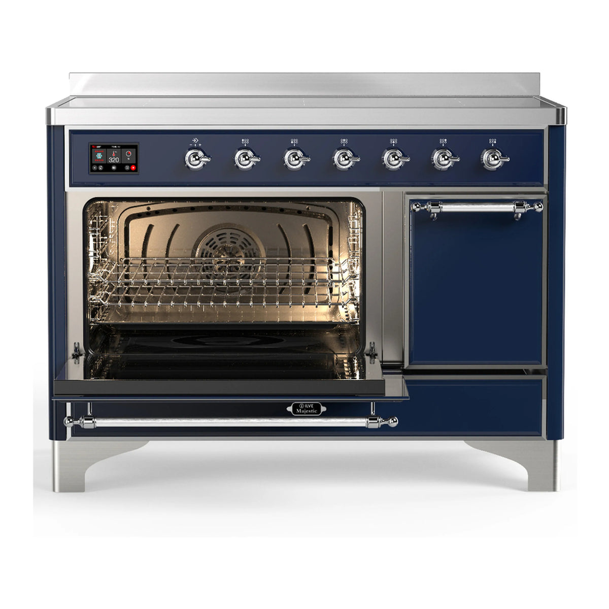 Induction range with oven door open and right small door, chrome trim, midnight blue.