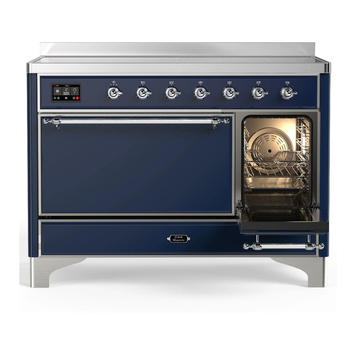 Induction range with oven window and large door closed, midnight blue with chrome trim.