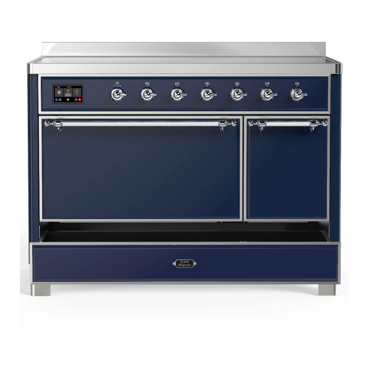Induction range with two top doors closed and drawer open, midnight blue exterior.