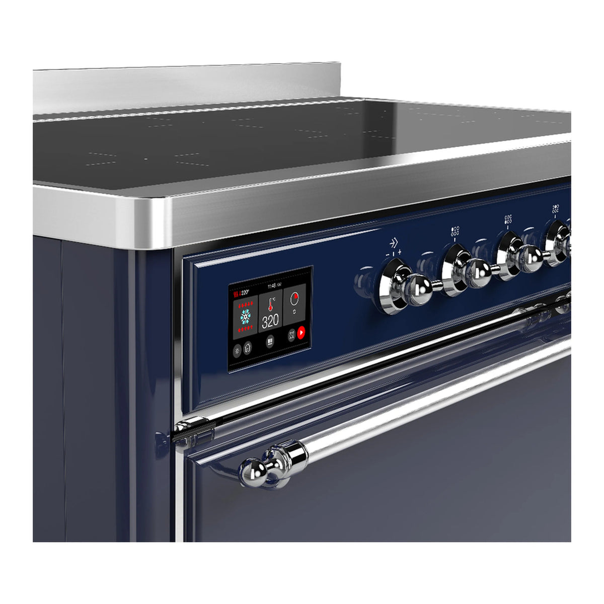 Control panel with digital display and knobs on midnight blue induction range, chrome accents.