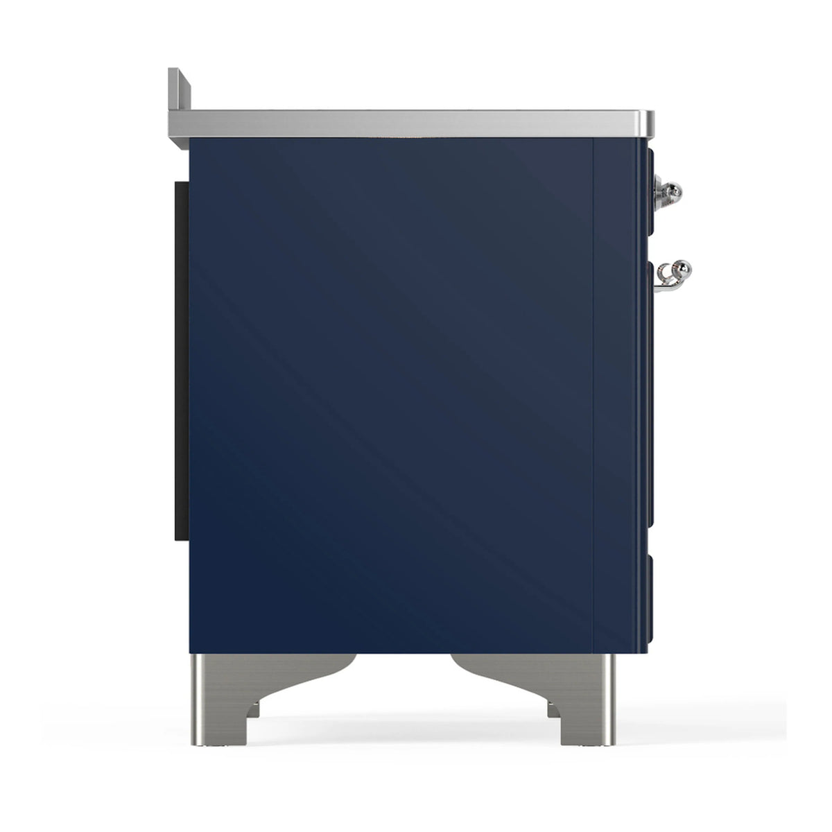 Midnight blue induction range side panel with chrome feet, closed cabinetry look.