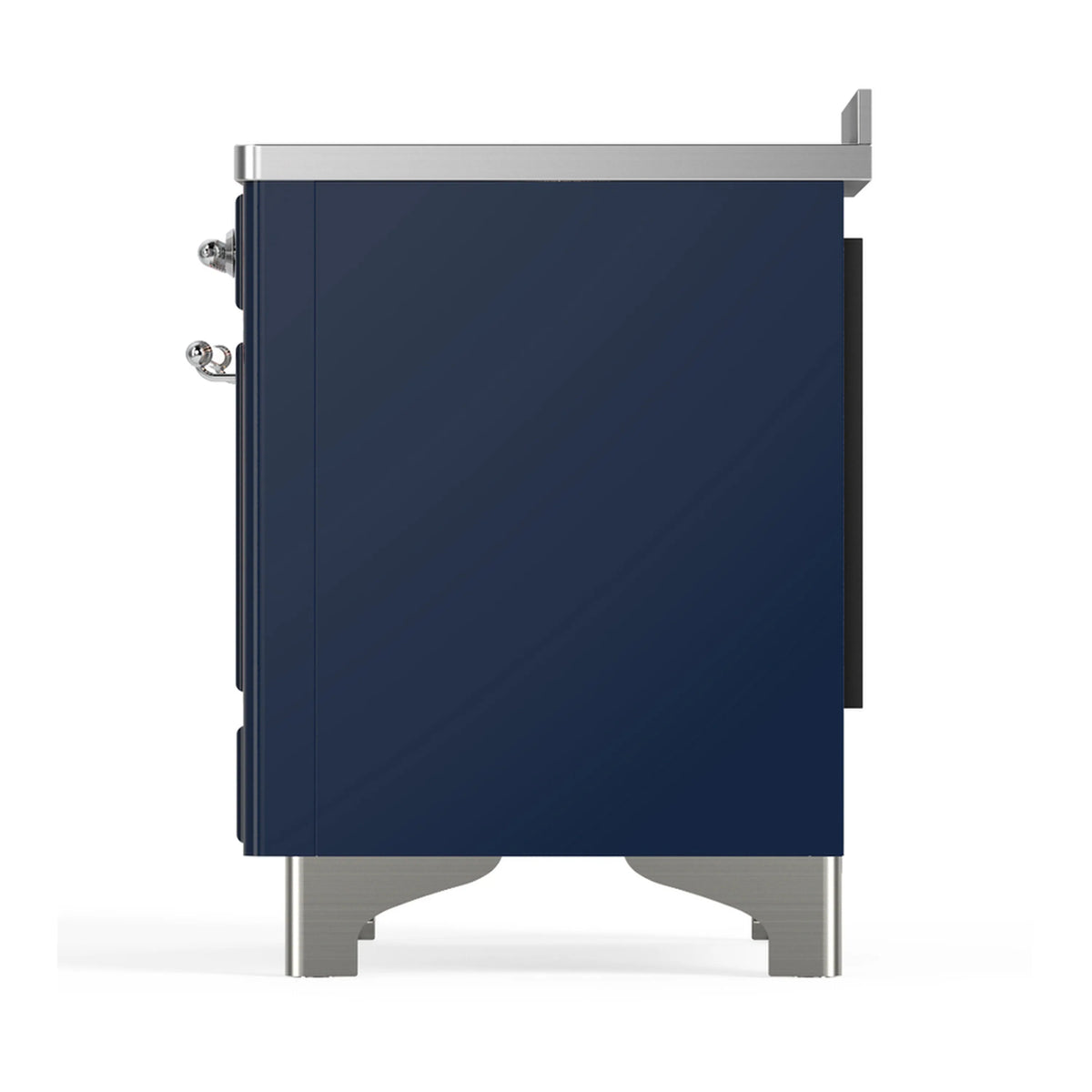 Midnight blue induction range side view with chrome trim, closed panel and feet.