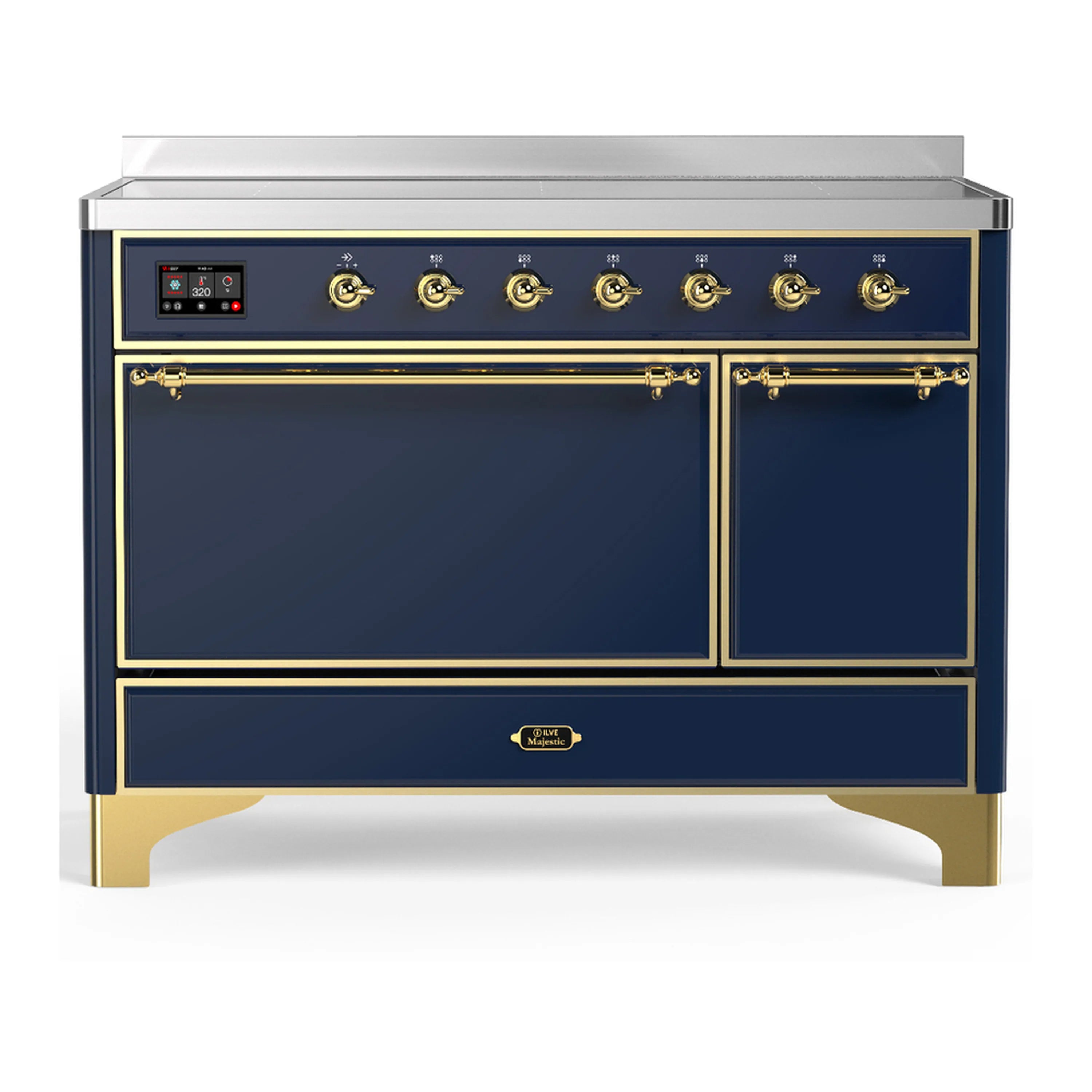 Induction range with electric oven, midnight blue doors and brass-trim handles