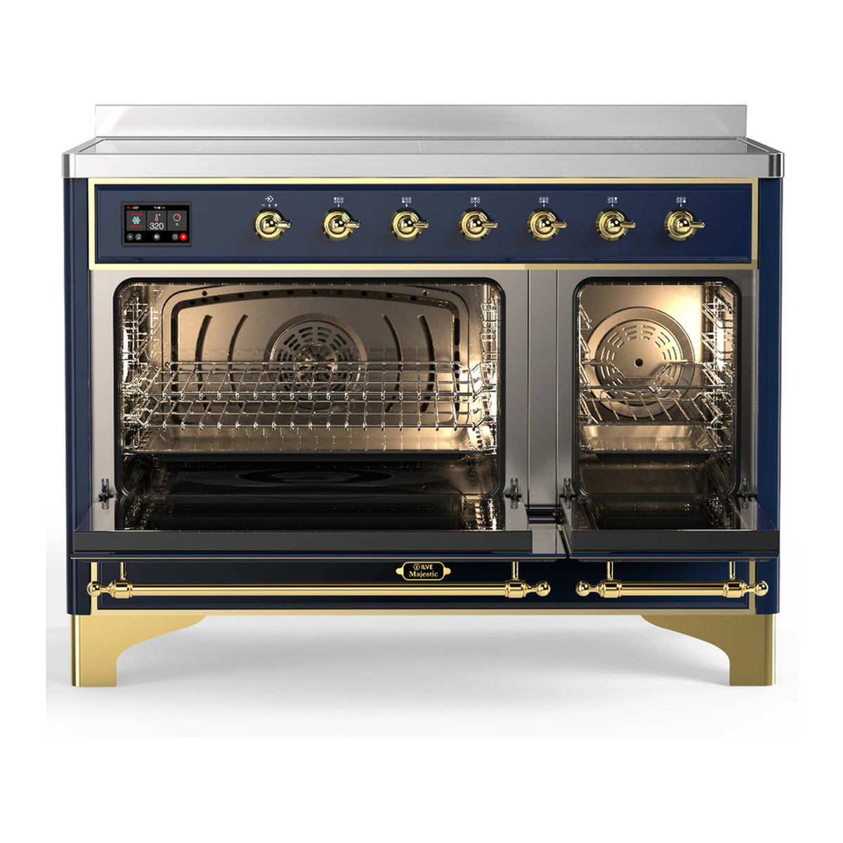 Induction range with open oven doors, wire racks inside and brass trim