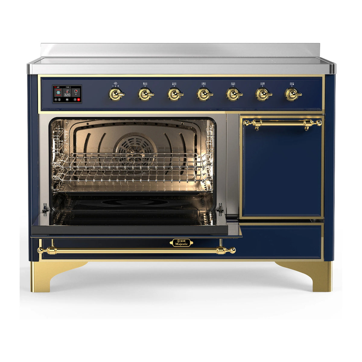 Induction range with open oven door, interior racks and black oven floor visible