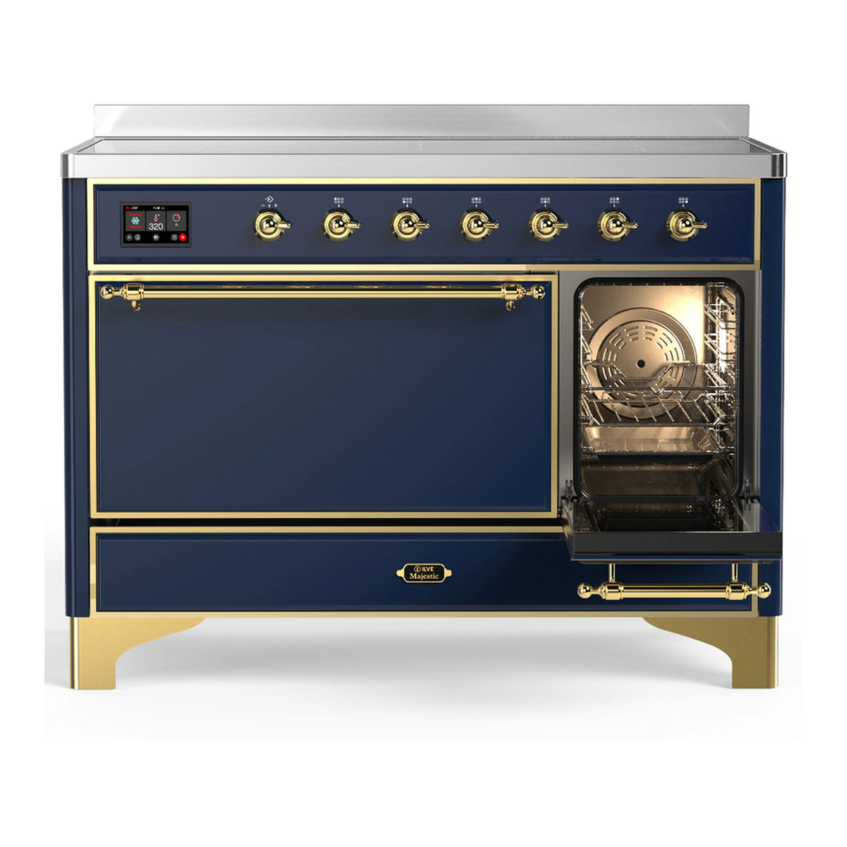 Induction range with electric oven door open, illuminated interior with racks