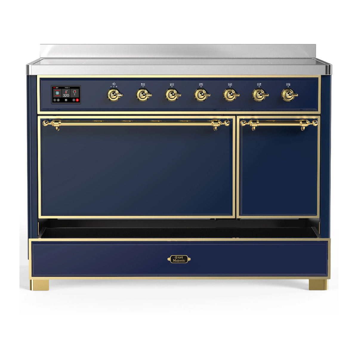 Induction range with lower warming drawer closed, midnight blue panel and brass trim