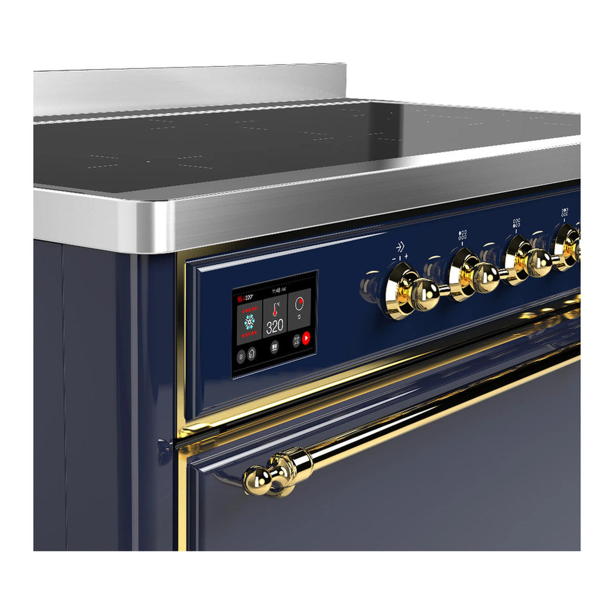 Induction range control panel with digital display and brass control knobs