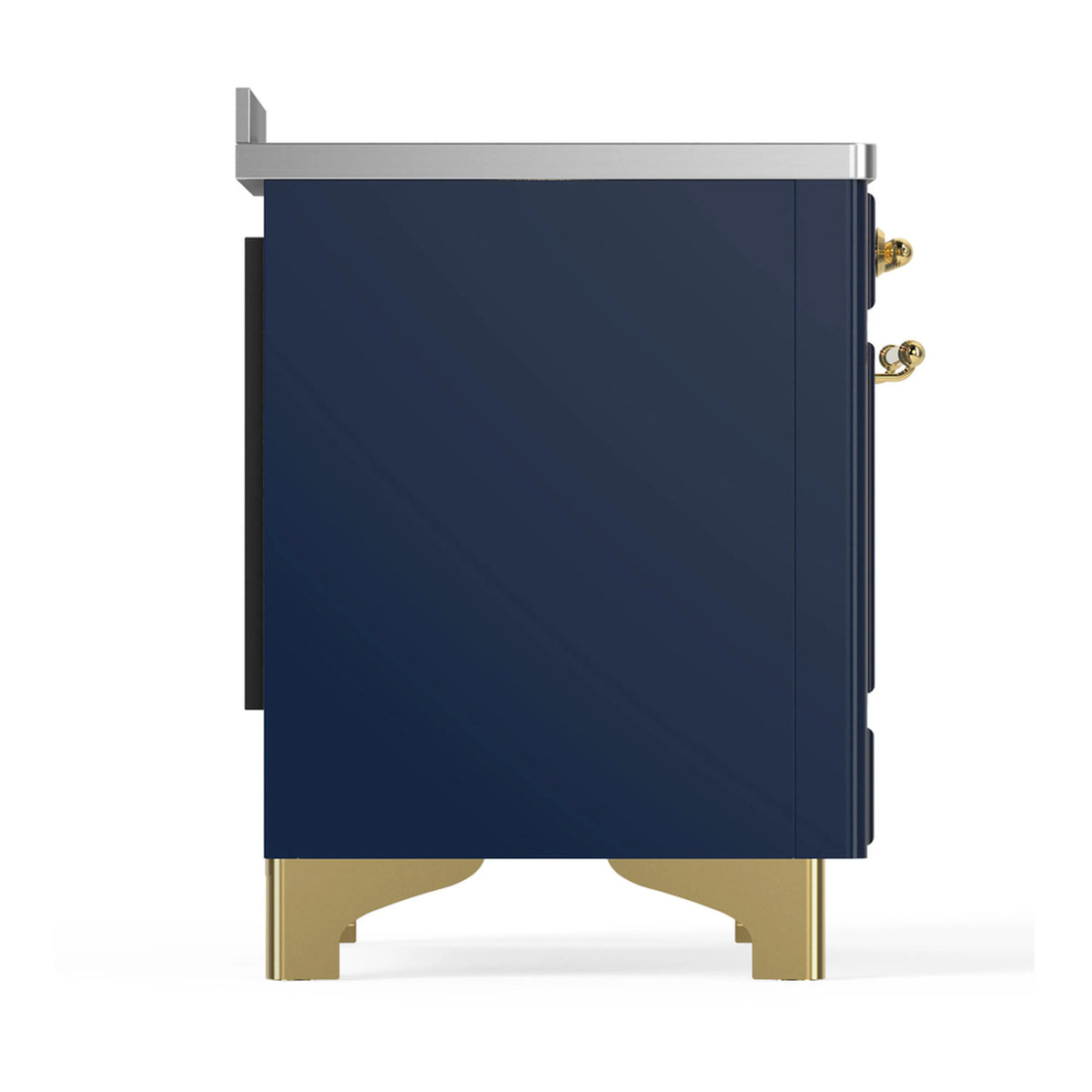 Midnight blue side panel of induction range with brass base feet