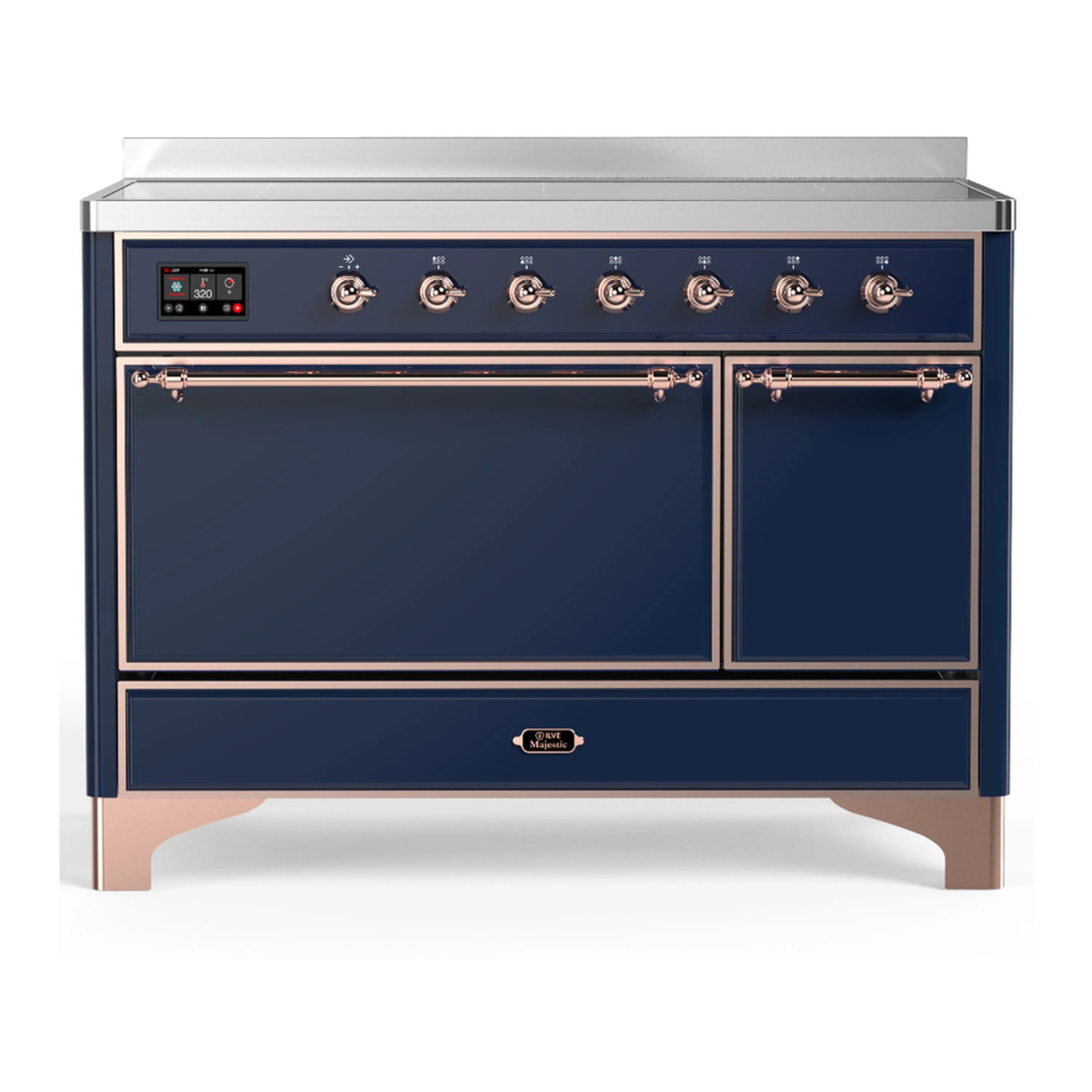 Midnight blue induction range with copper trim and solid oven door, front view