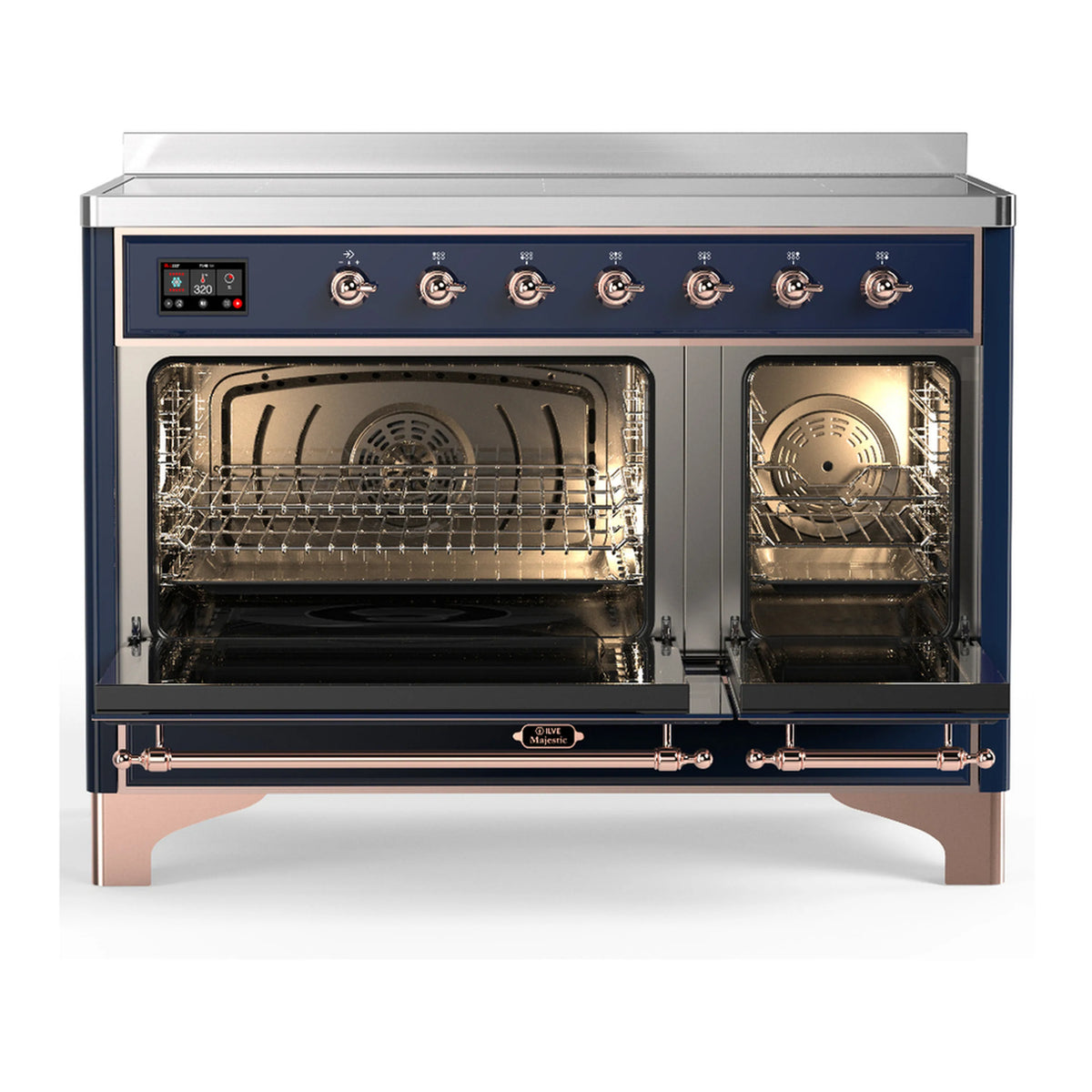 Midnight blue induction range with oven door open, visible racks inside
