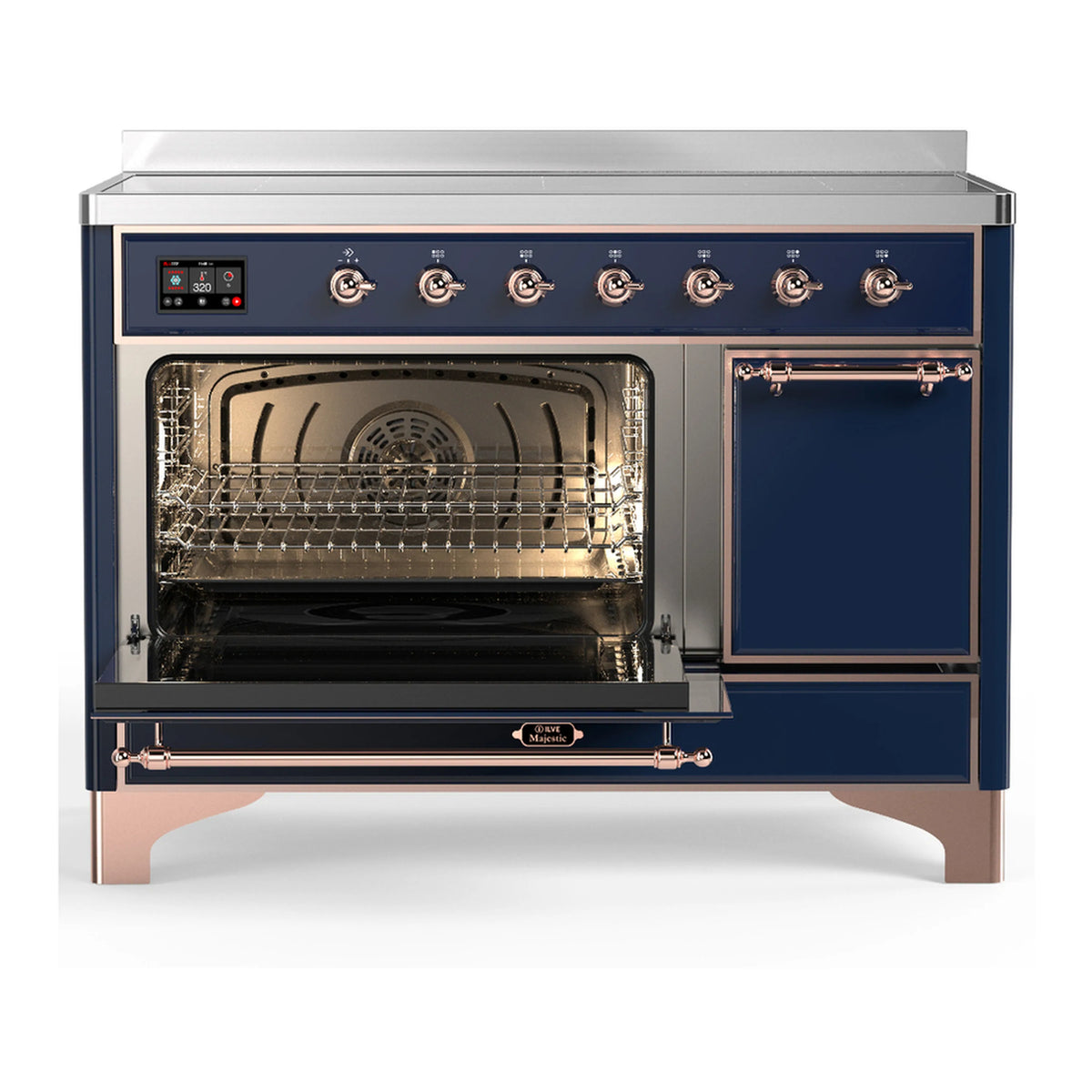 Midnight blue induction range with oven door open, lit interior and metal racks