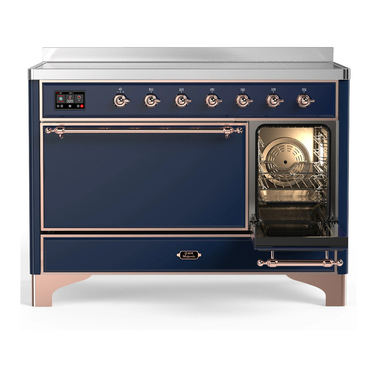Midnight blue induction range with copper accents and solid oven door closed