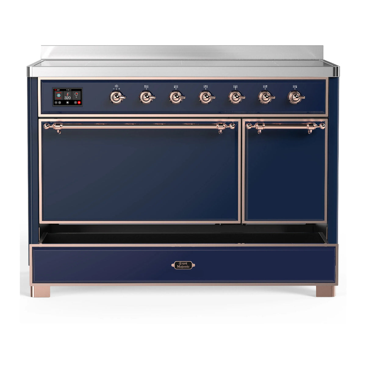 Midnight blue induction range with two front doors and lower storage drawer