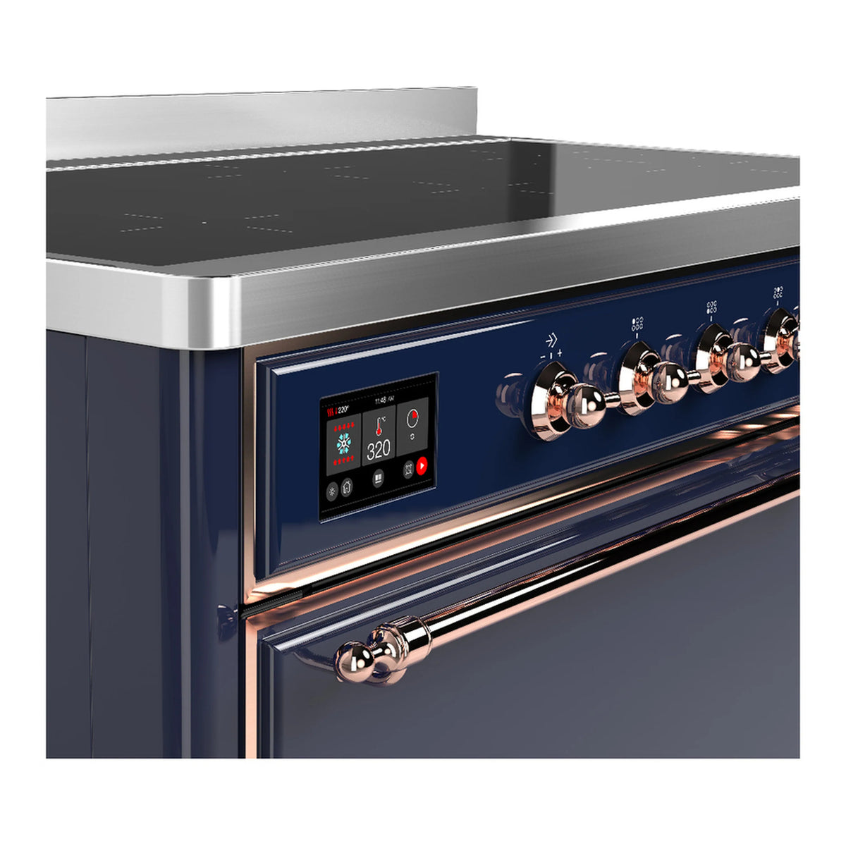 Induction range control panel with copper knobs and digital display on blue front