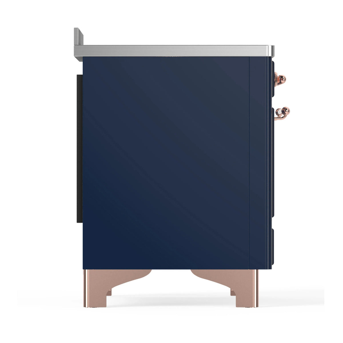 Midnight blue oven body end panel with copper side handle and trim feet