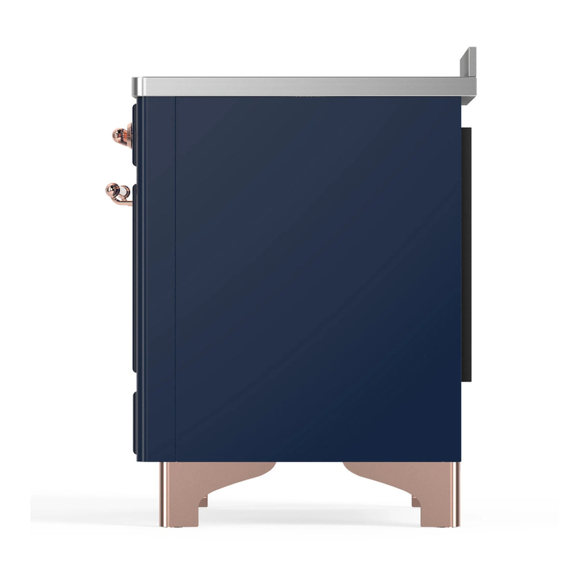 Midnight blue oven body end panel with copper corner handles and trim feet