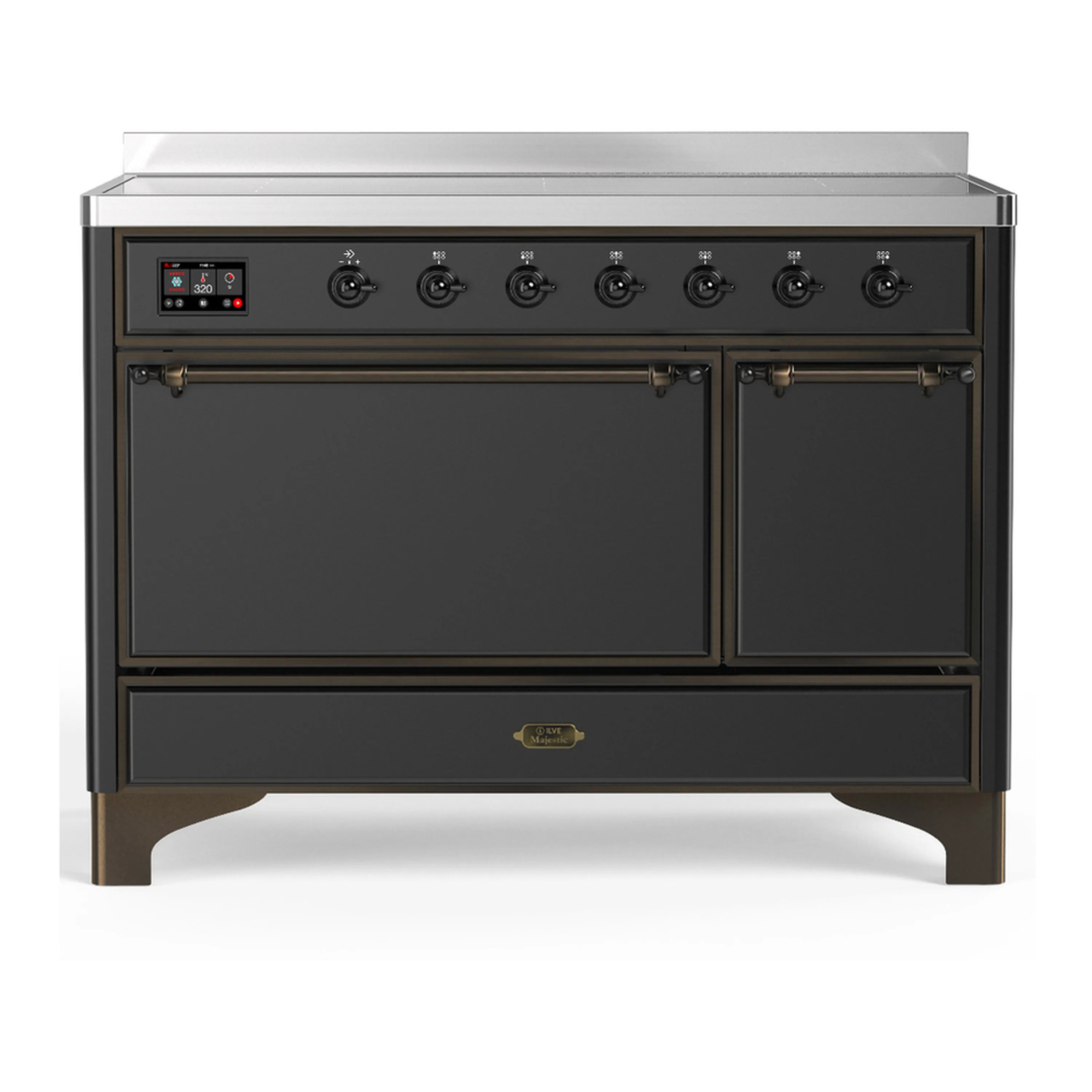 Matte graphite induction range with solid electric oven doors and brushed metal trim