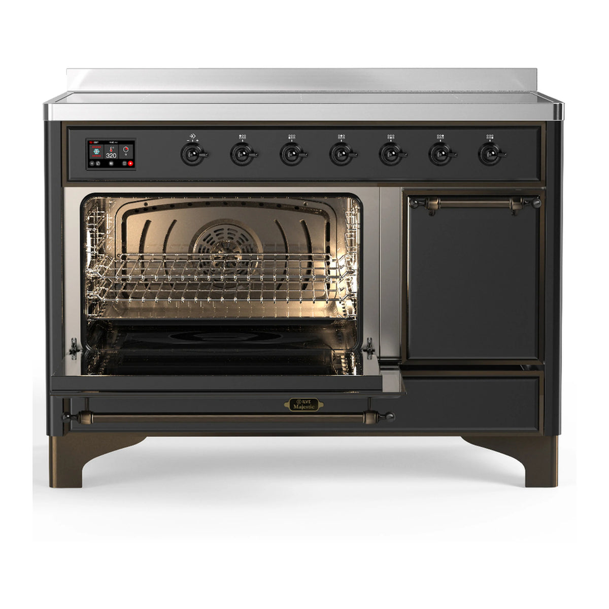 Matte graphite induction range with left oven door open, interior racks and fan visible