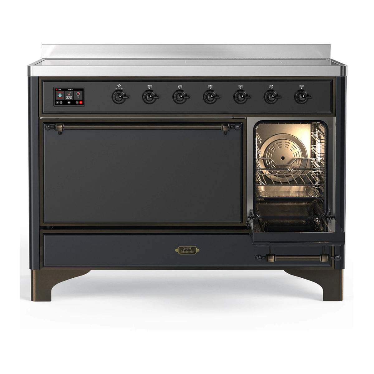 Matte graphite induction range with oven door open on right, interior light and racks visible