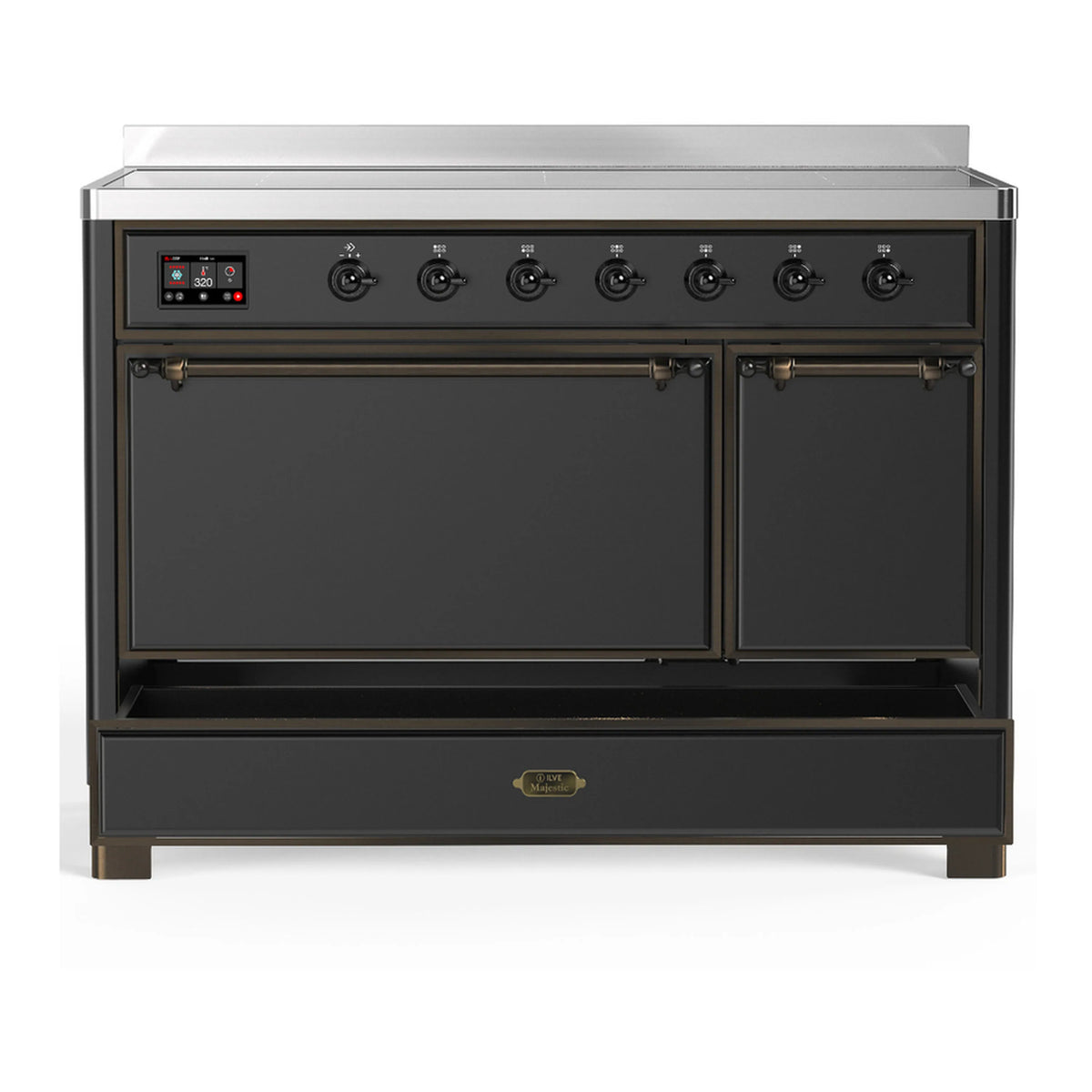 Matte graphite induction range with two oven doors closed and control panel across top