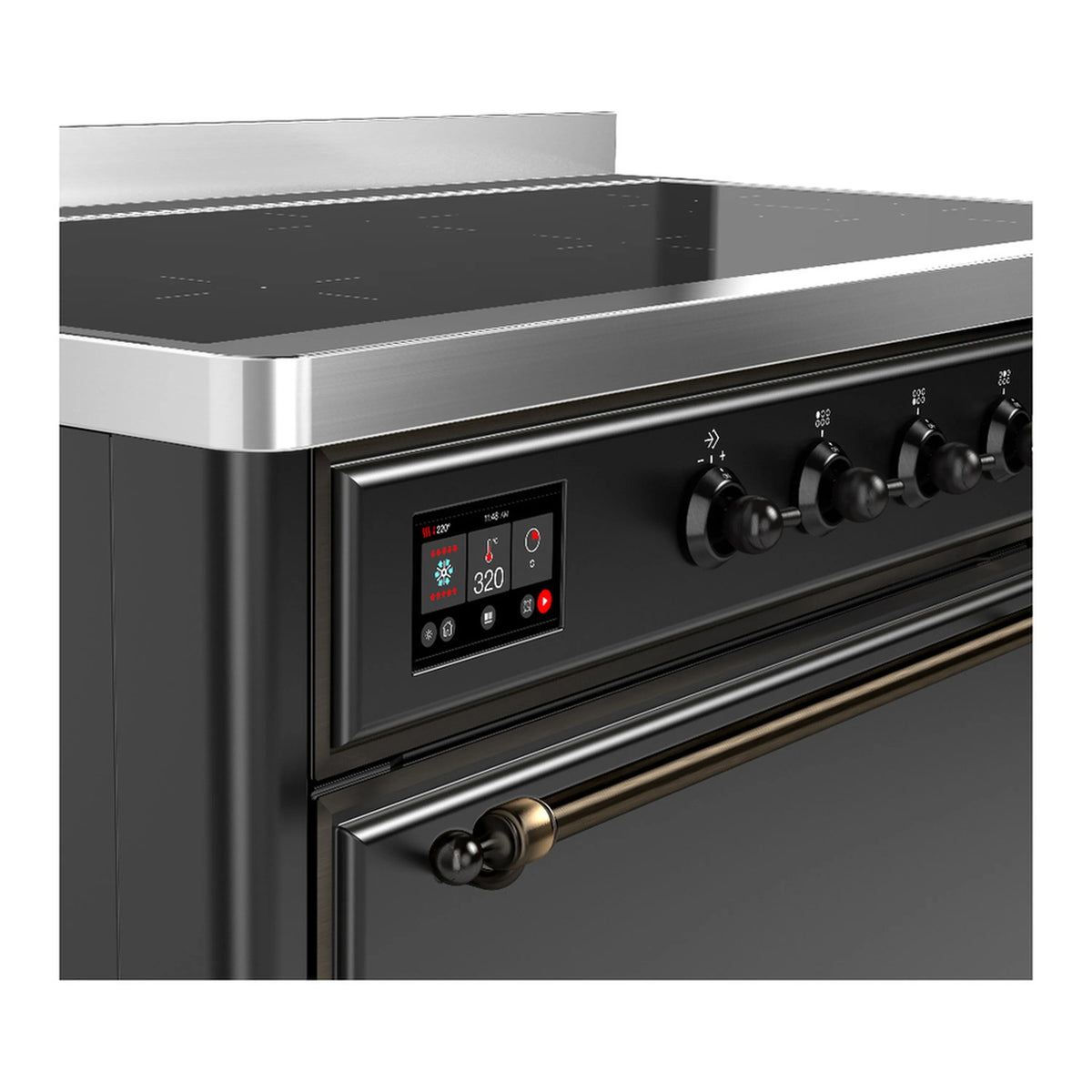 Matte graphite control panel with red digital display and black burner knobs