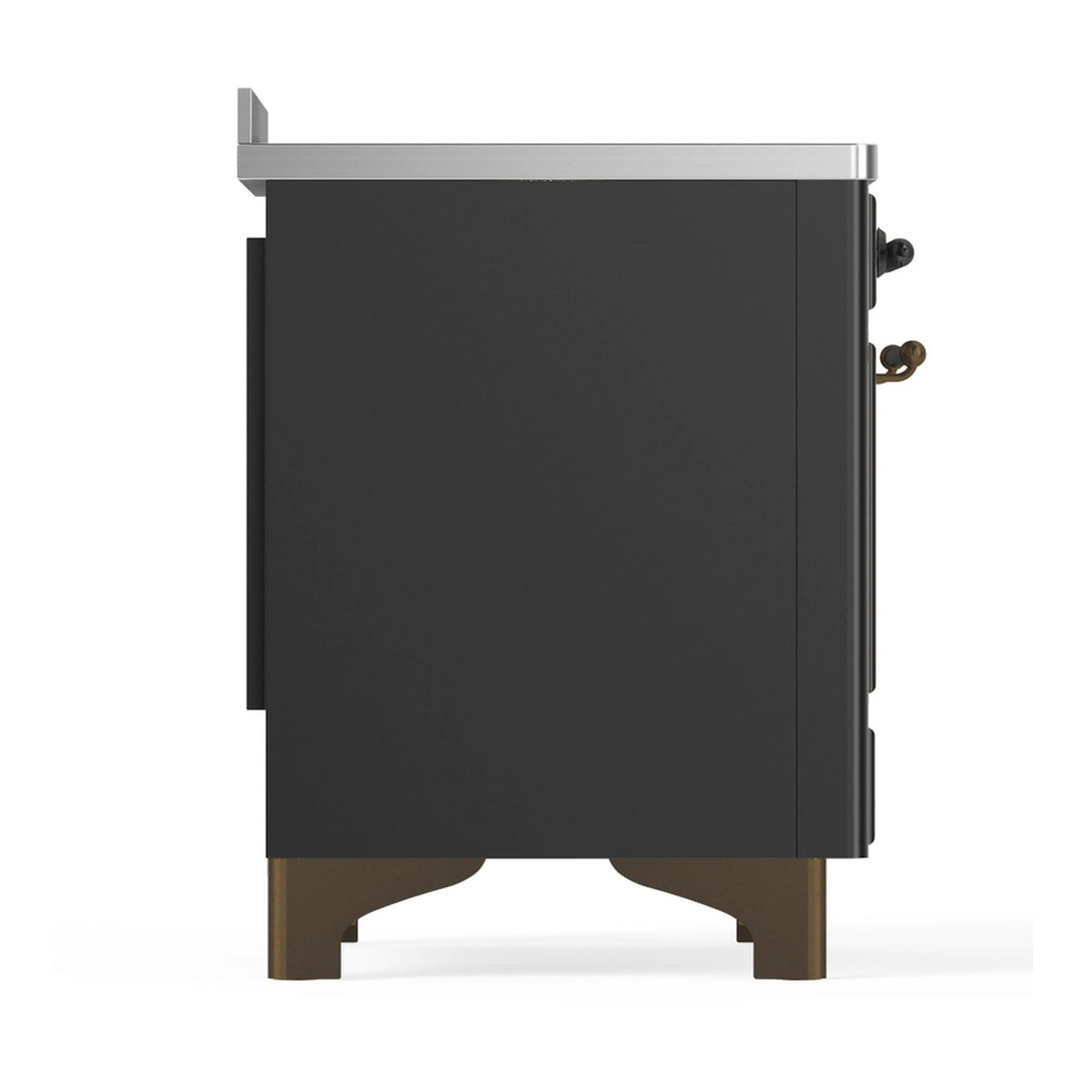 Matte graphite induction range side view with solid oven door and gold trim feet