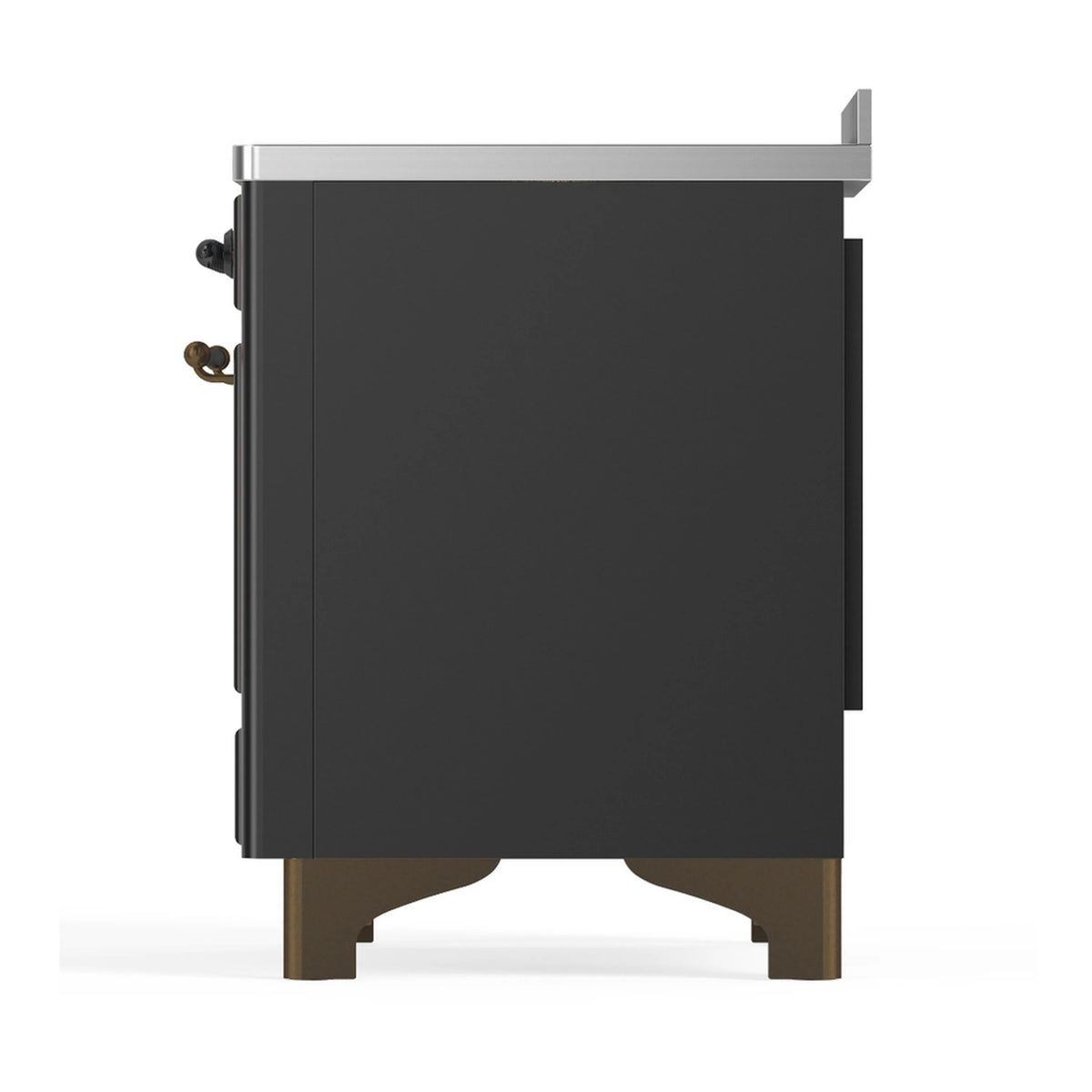 Matte graphite induction range rear side view with solid oven door and gold trim feet
