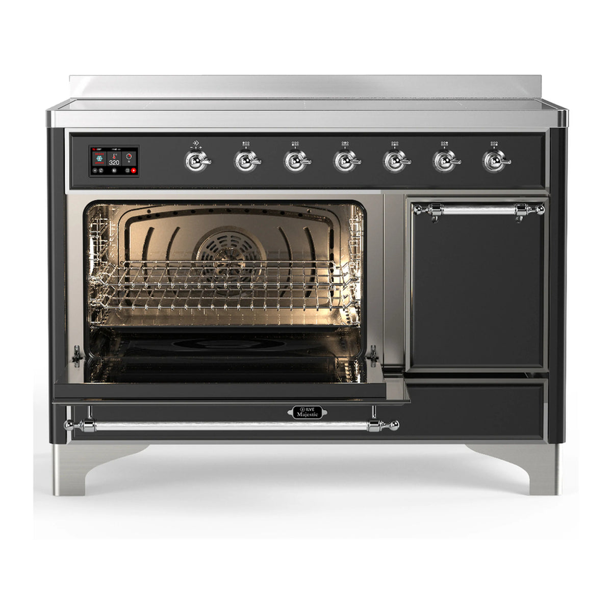 ILVE induction range with open oven door, interior racks and lit rear heating element