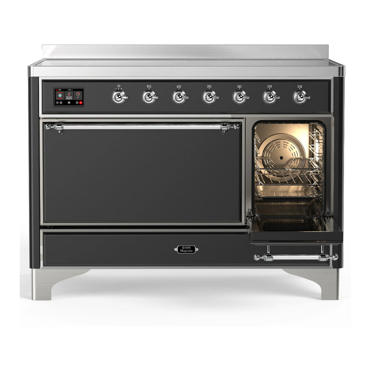 ILVE induction range with one oven door open, interior racks and fan-style vents