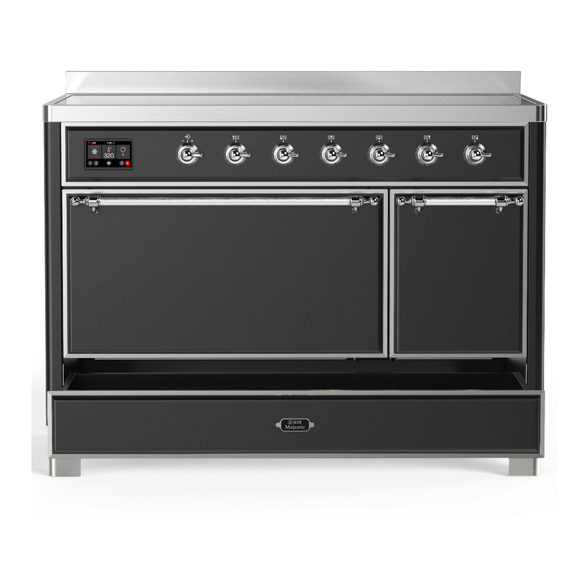 ILVE induction range with matte graphite double doors and chrome trim, front view