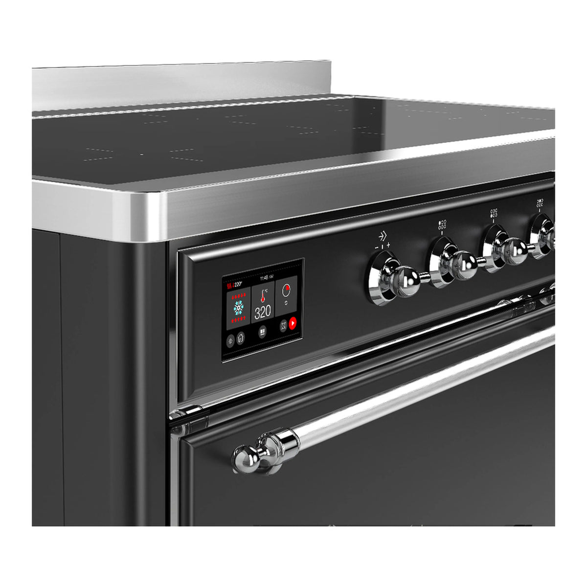 ILVE induction range control panel with digital display and chrome knob handles