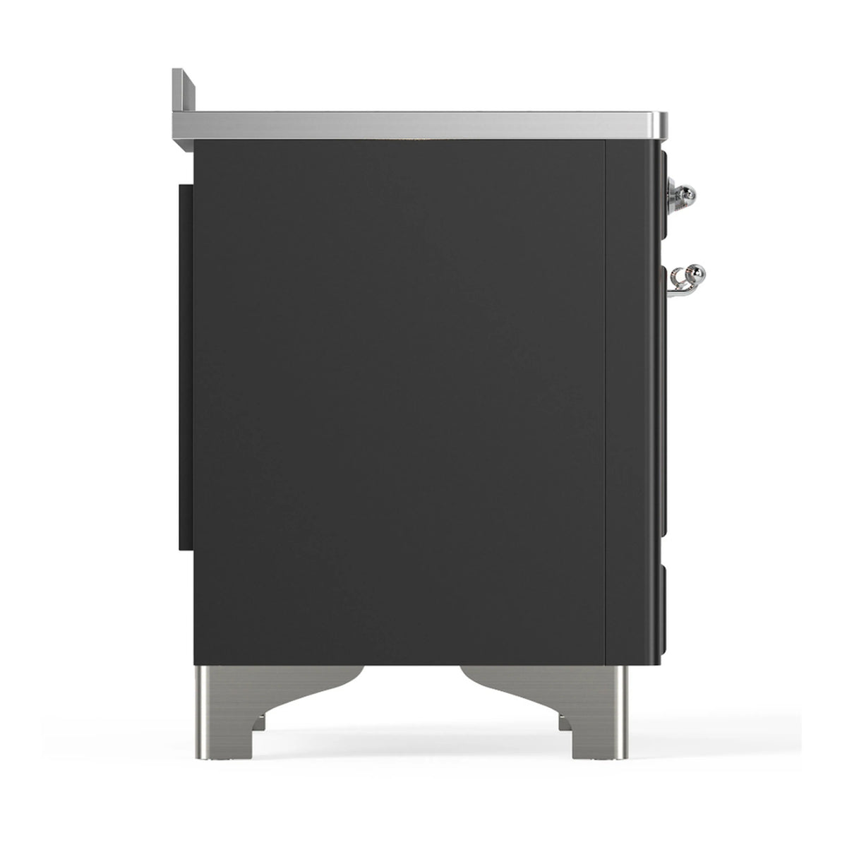 ILVE induction range side panel in matte graphite with chrome corner trim