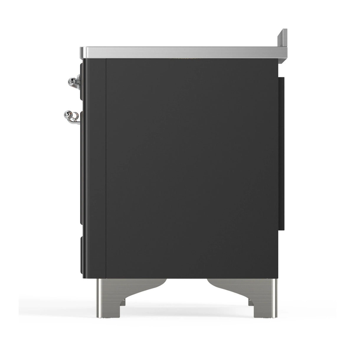 ILVE induction range opposite side panel in matte graphite with chrome leg supports