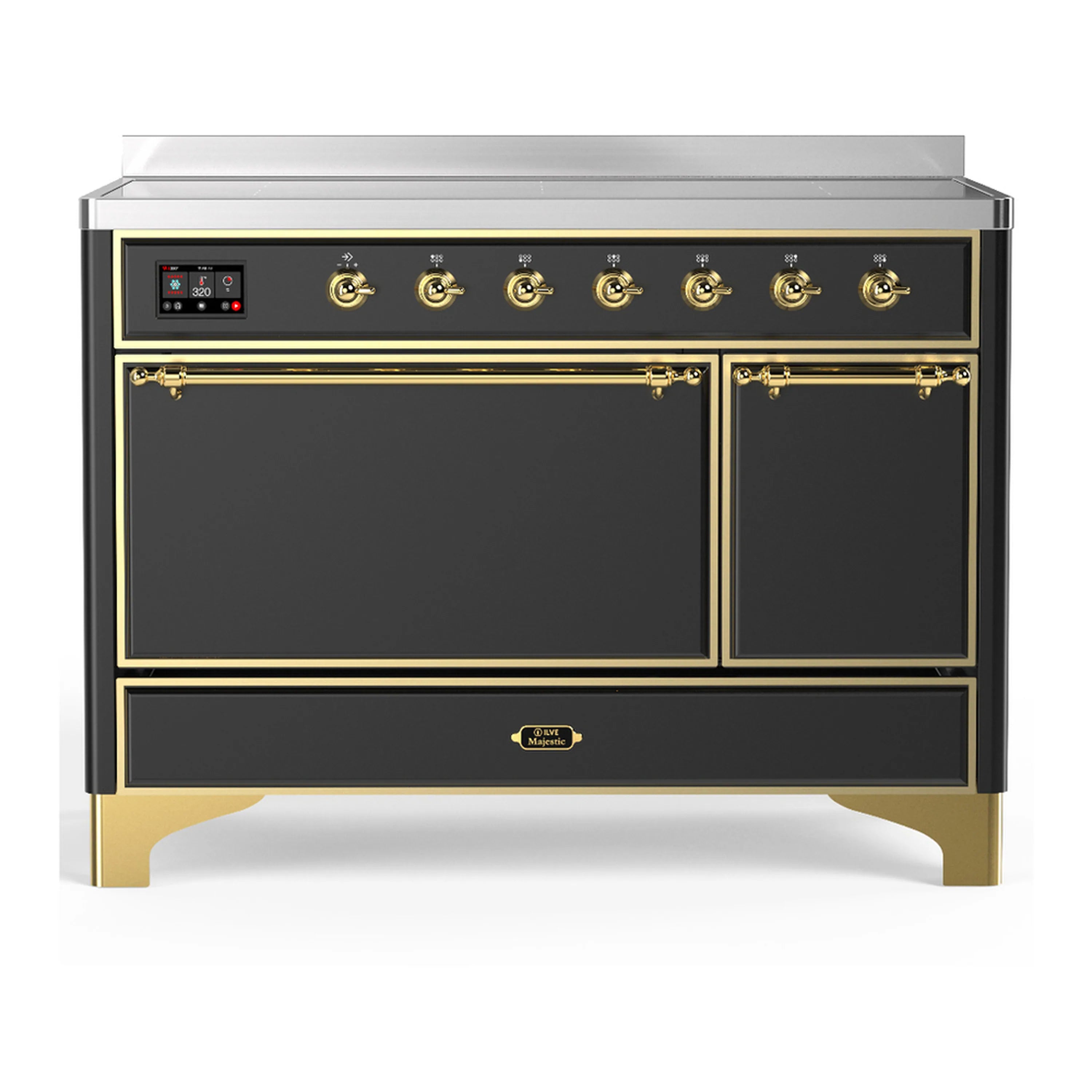 Matte graphite induction range with solid oven doors, brass trim, and gold control knobs.