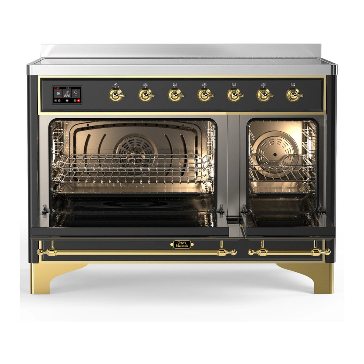 Matte graphite induction range with open oven door showing racks and interior fan.