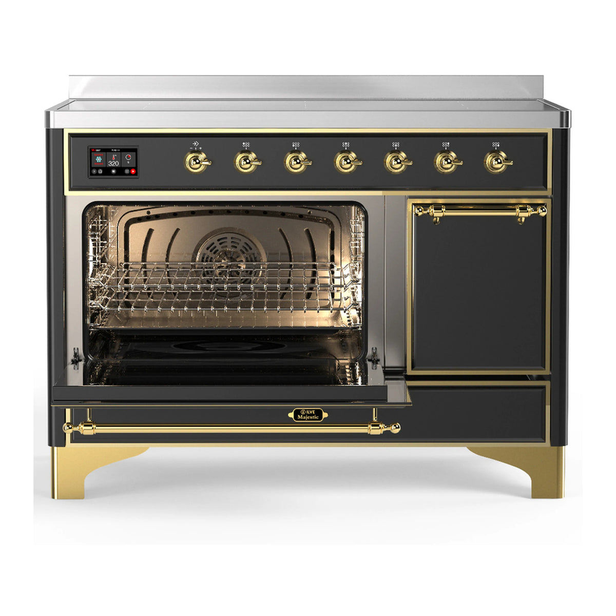 Matte graphite induction range with open oven showing oven racks and fan assembly.