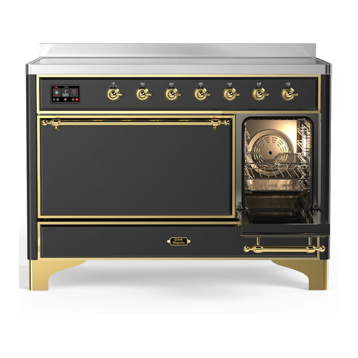 Matte graphite induction range with one oven door open, brass trim, and interior light.