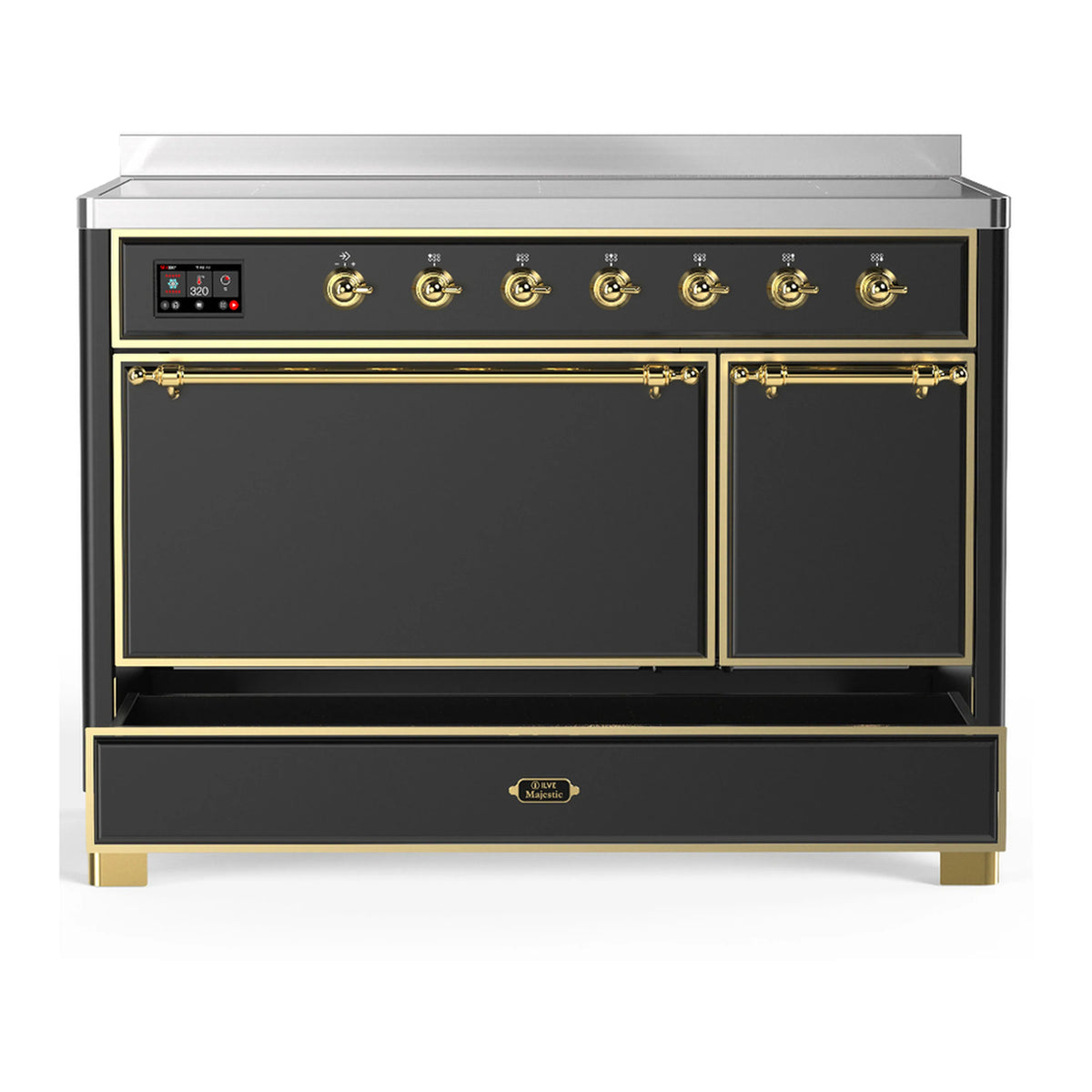 Matte graphite induction range with two closed oven doors, drawer base, and brass trim.