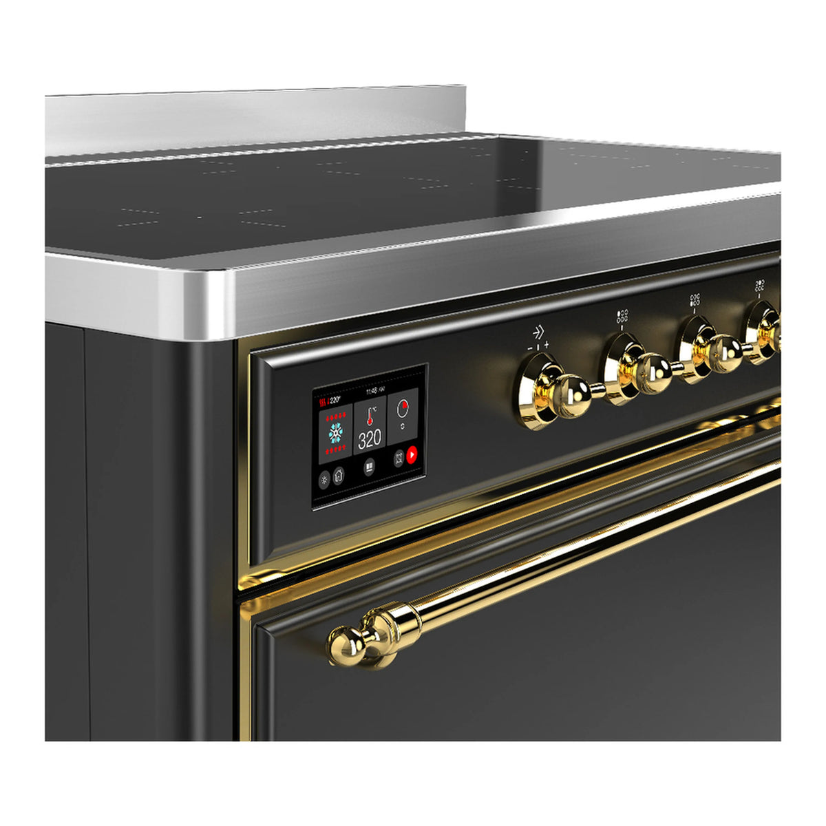 Matte graphite induction range control panel with brass knobs and digital display.