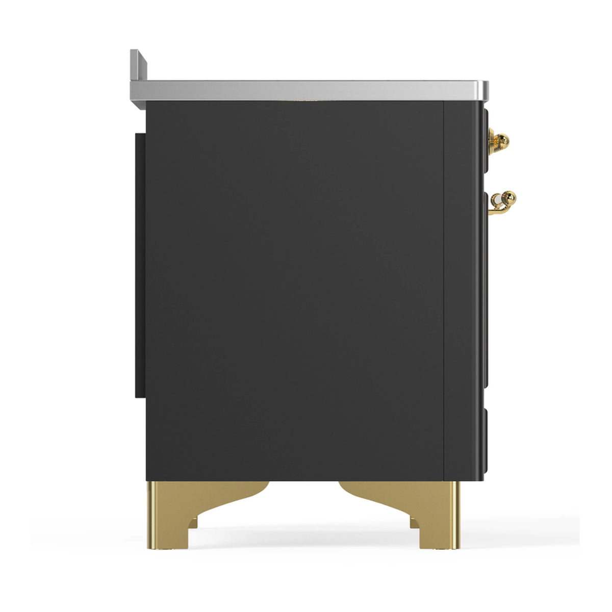 Matte graphite oven range side panel with brass trim feet.